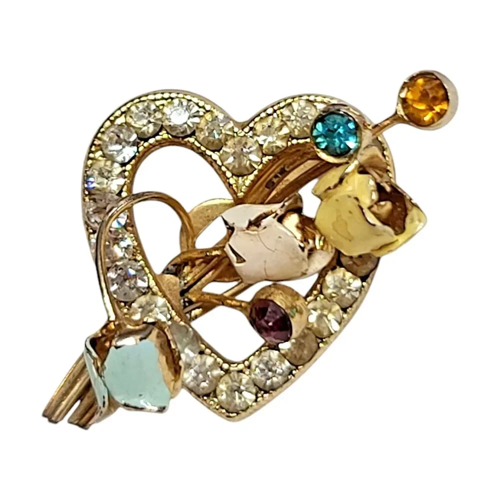 Vintage Gold Tone Rhinestones Faux Pearl Enamel Flower Bouquet Heart Brooch Pin